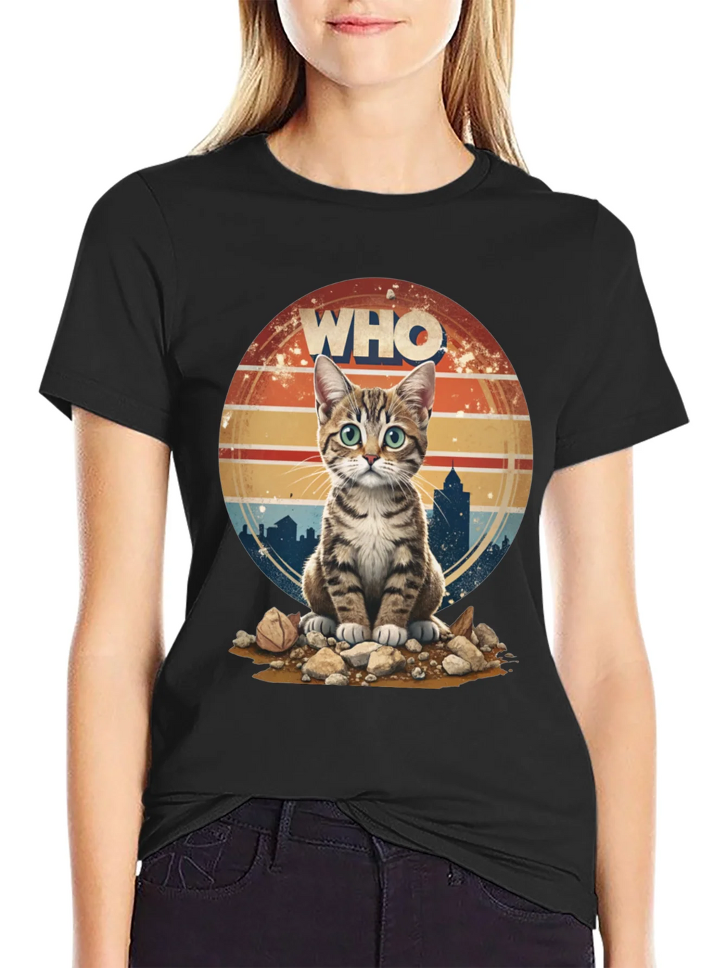 Who Cat T-Shirt - Cityscape Retro Style