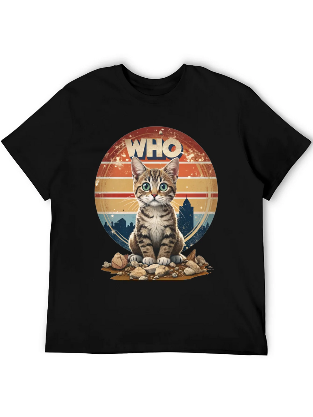 Who Cat T-Shirt - Cityscape Retro Style