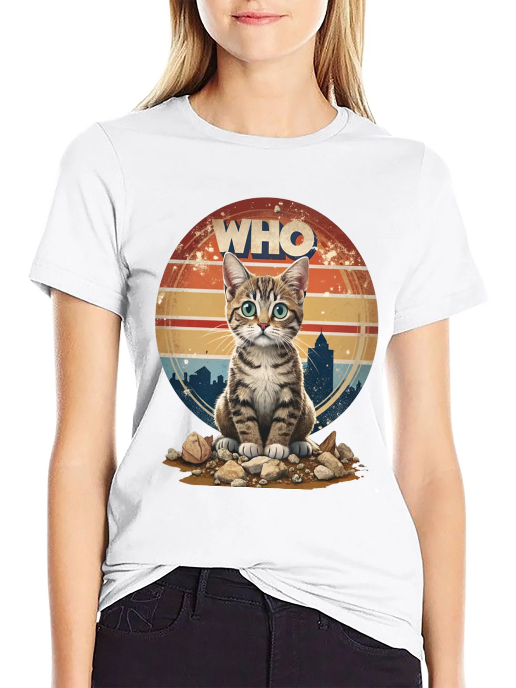 Who Cat T-Shirt - Cityscape Retro Style