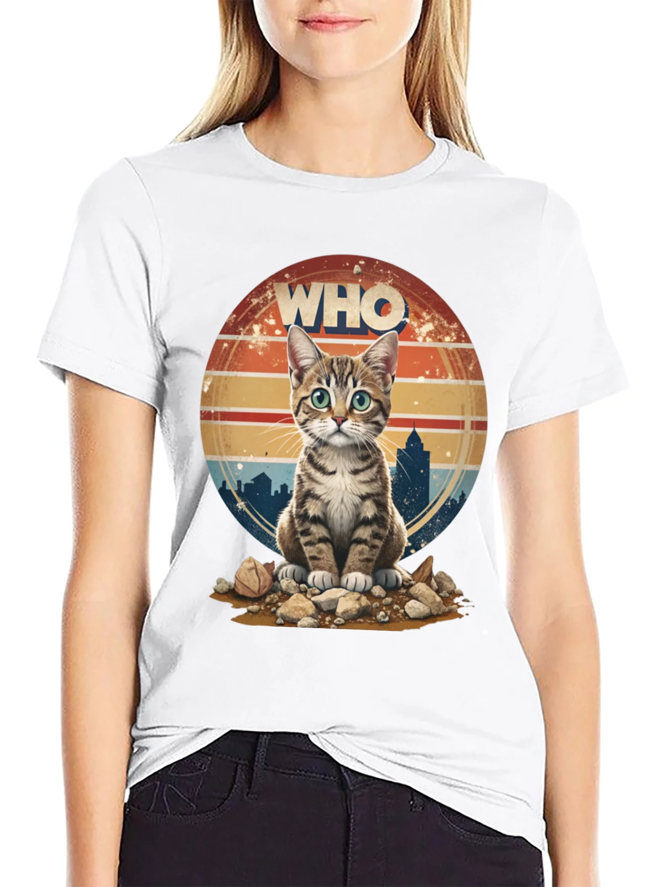 Who Cat T-Shirt - Cityscape Retro Style