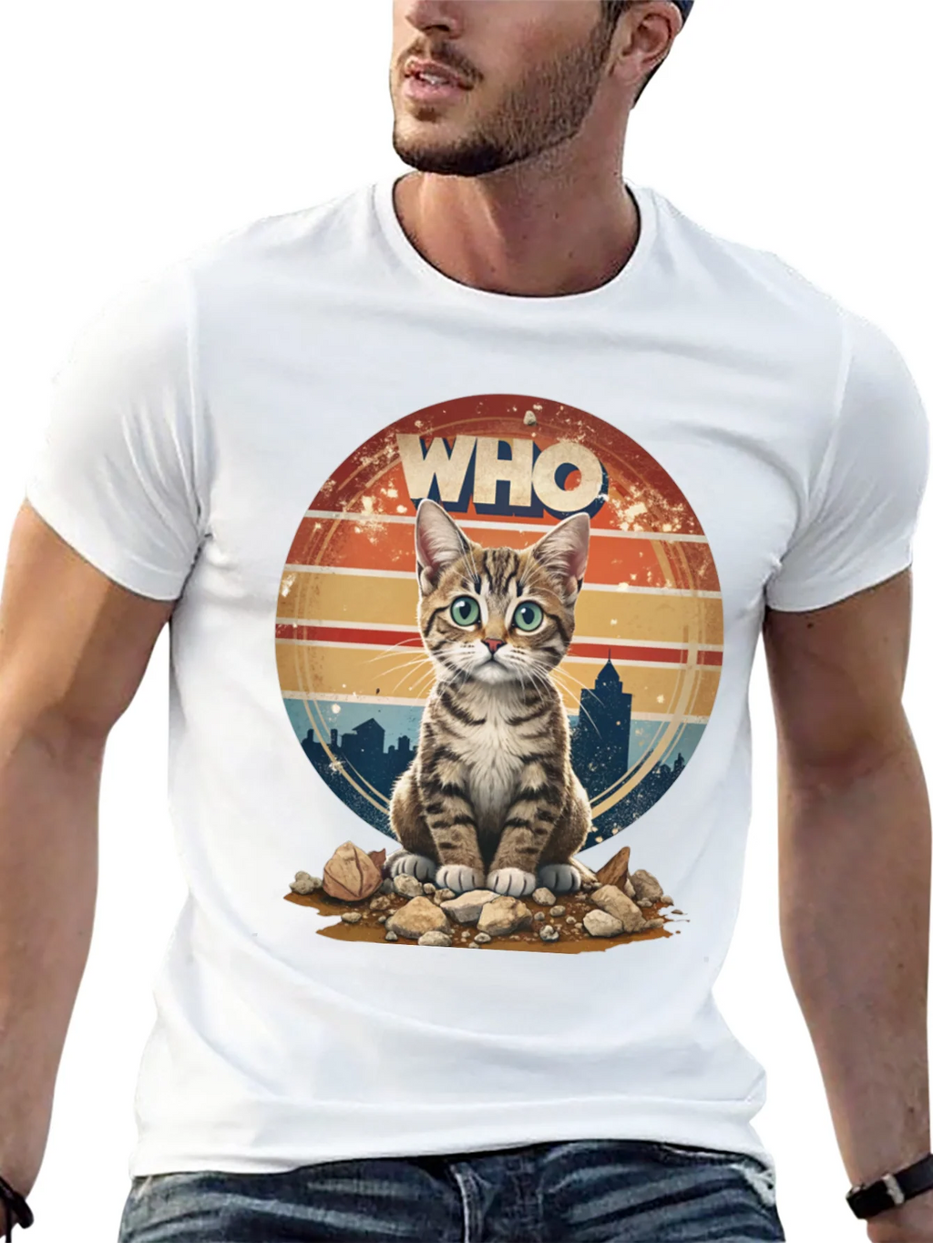 Who Cat T-Shirt - Cityscape Retro Style