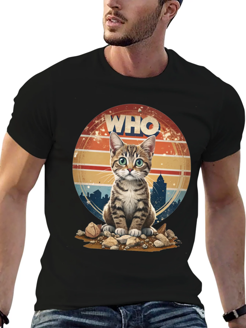 Who Cat T-Shirt - Cityscape Retro Style