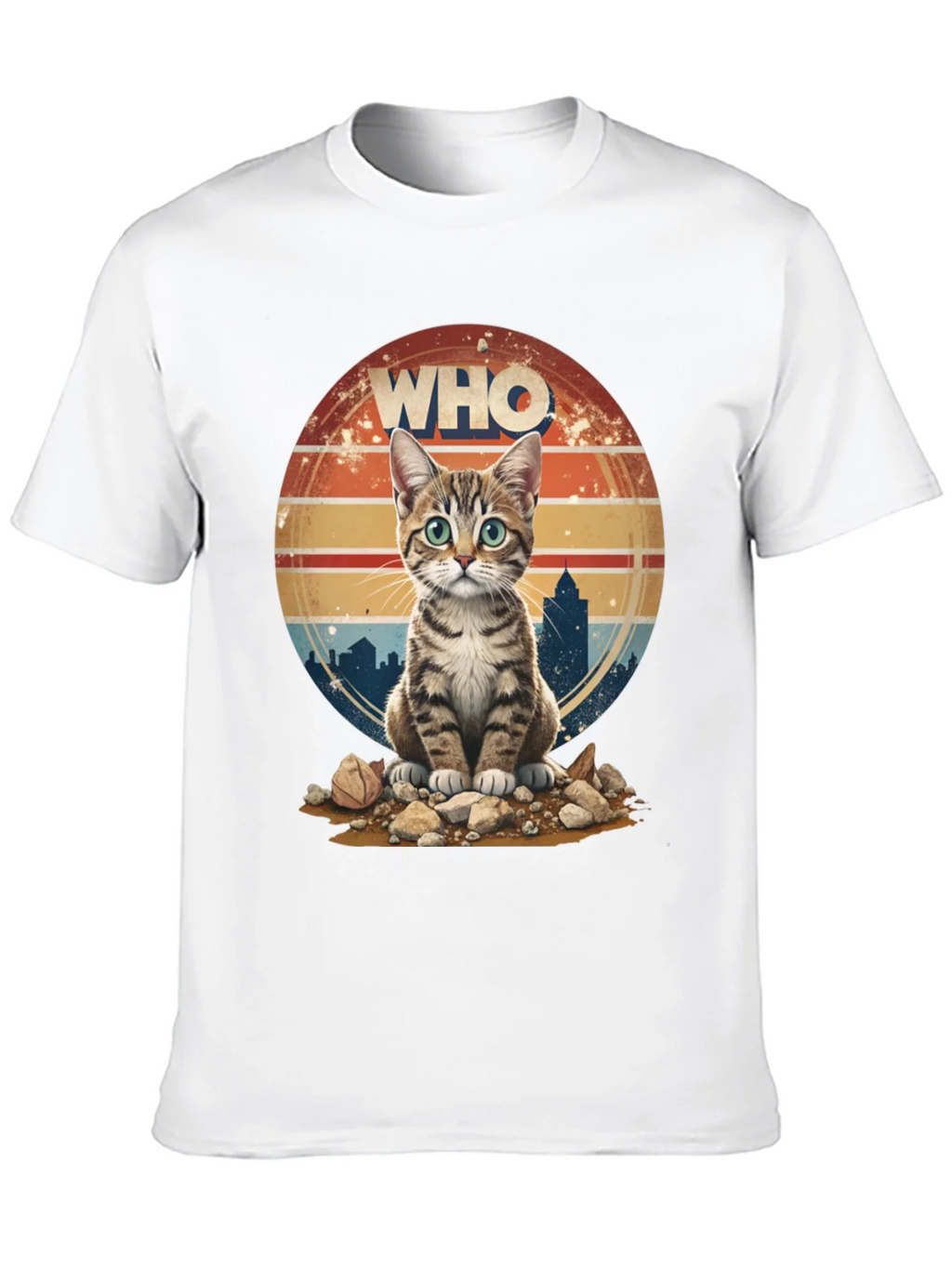 Who Cat T-Shirt - Cityscape Retro Style