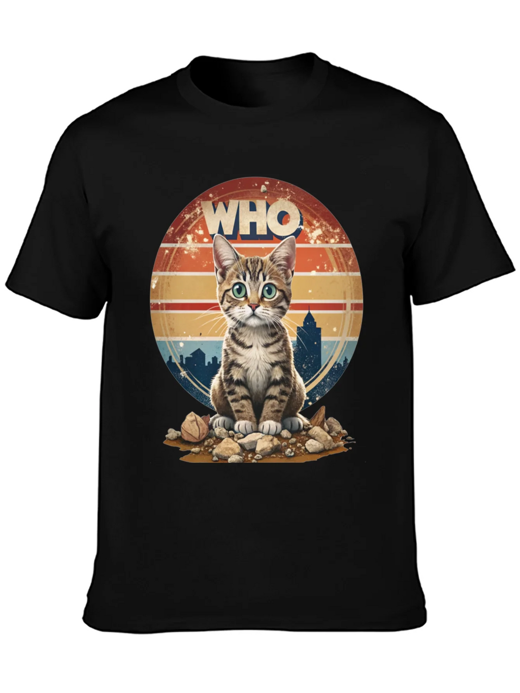 Who Cat T-Shirt - Cityscape Retro Style