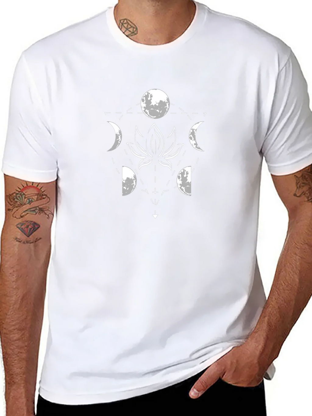 Lunar Lotus Black T-Shirt - Geometric Moon Phase Design