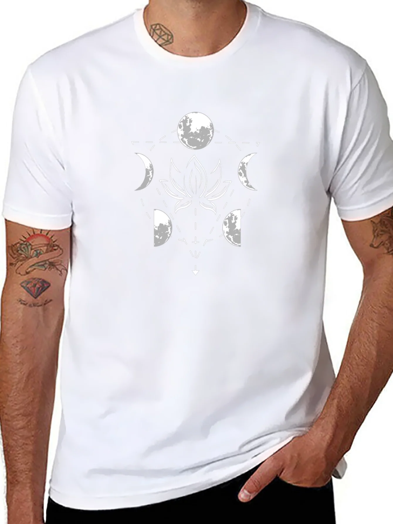 Lunar Lotus Black T-Shirt - Geometric Moon Phase Design