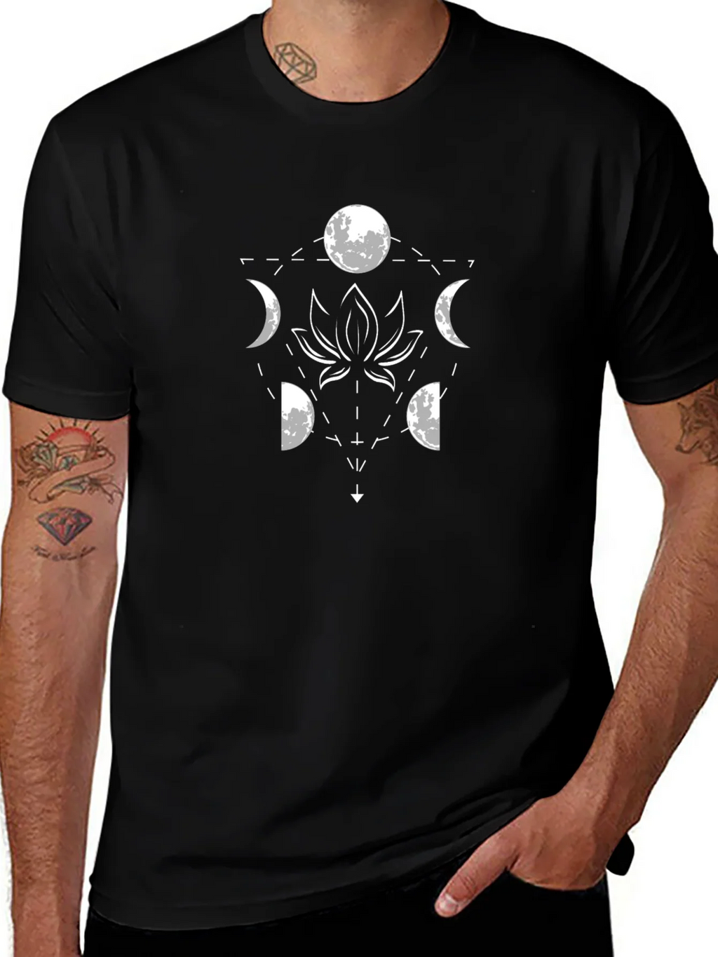 Lunar Lotus Black T-Shirt - Geometric Moon Phase Design