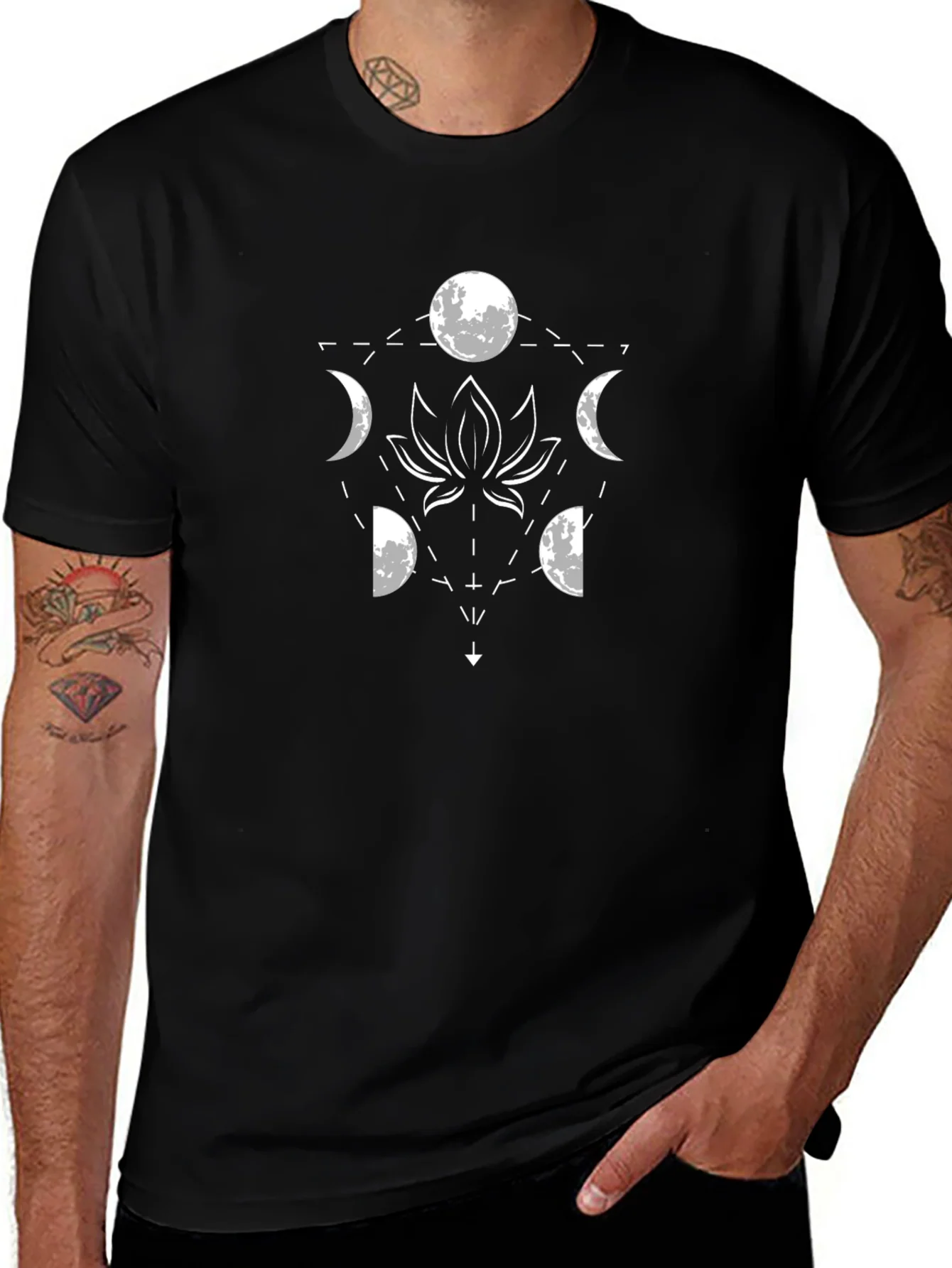 Lunar Lotus Black T-Shirt - Geometric Moon Phase Design