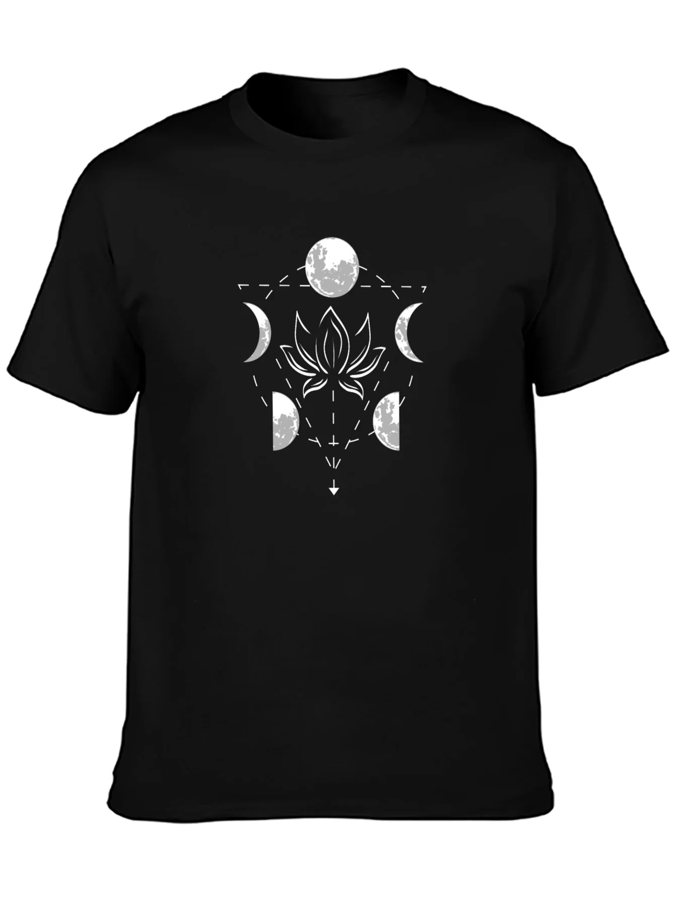 Lunar Lotus Black T-Shirt - Geometric Moon Phase Design