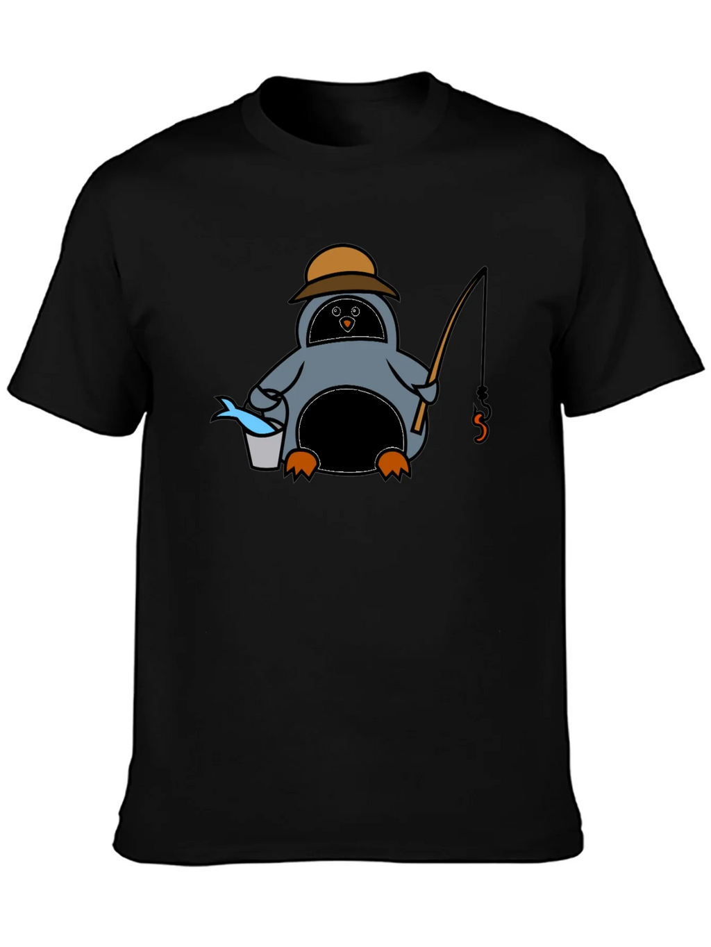 Cartoon Penguin Fishing Black T-Shirt