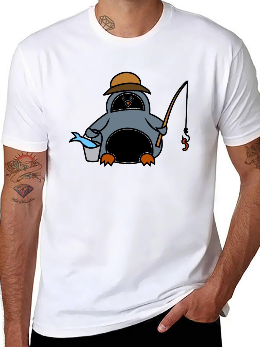 Cartoon Penguin Fishing Black T-Shirt