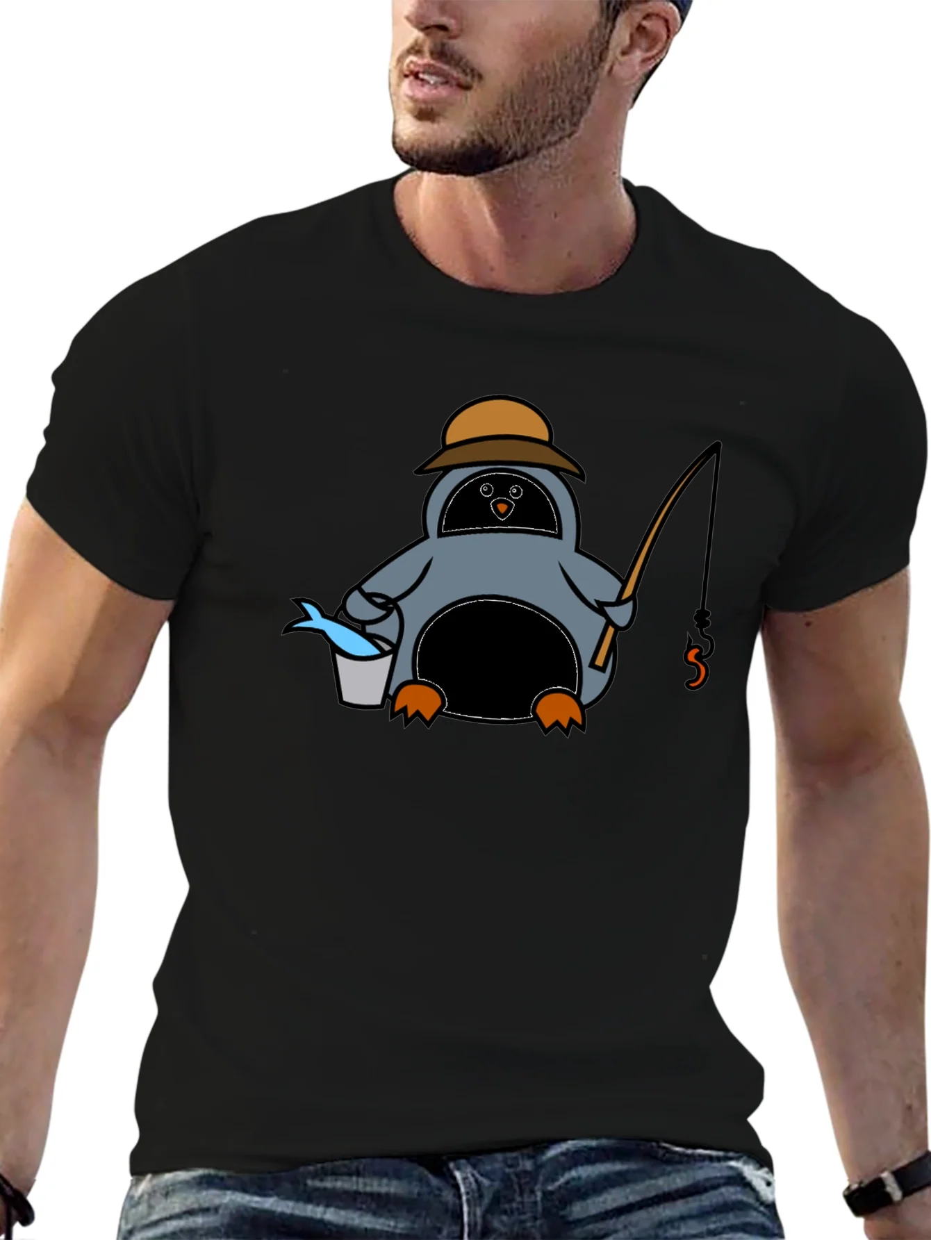 Cartoon Penguin Fishing Black T-Shirt